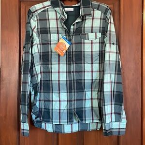 Blue Columbia sun protection shirt.